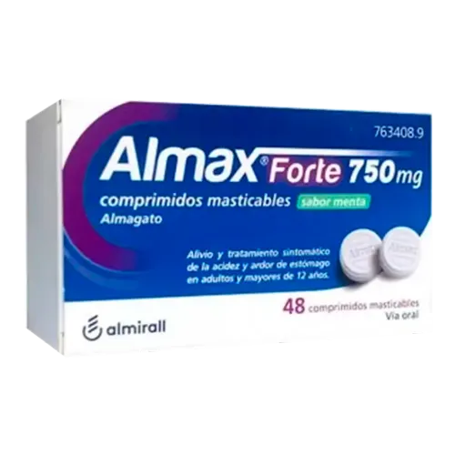 Almax forte 750 mg 48 comprimidos masticables sabor menta.